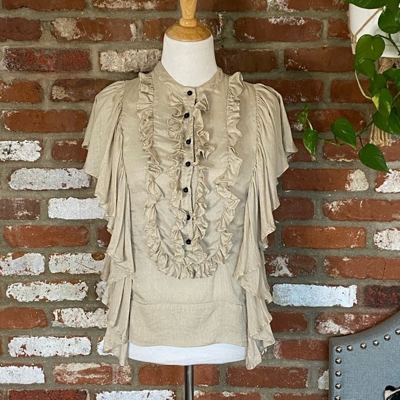 Robert Rodriguez Taupe Silk Ruffle Short Sleeve Top Size 6 - Picture 2 of 7